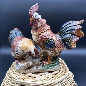 Rooster Hen Baby Chick Figurine - Crackle Effect Colorful Vintage